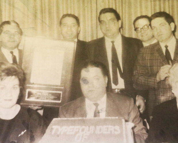 The Founders presenting a dedication plaque — (Back left-right): Harry Kreiter, Boomie Kreiter, Manny Kreiter, Billy Keene, Nusie Kreiter, (Front, left-right): Rhoda Kreiter, Davie Kreiter